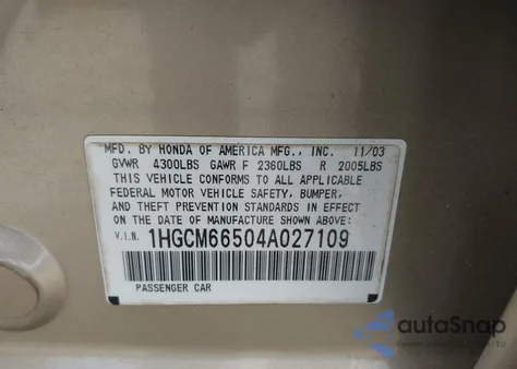 2004 Honda Accord 3.0 Ex z USA, uszkodzony, nr VIN 1HGCM66504A027109